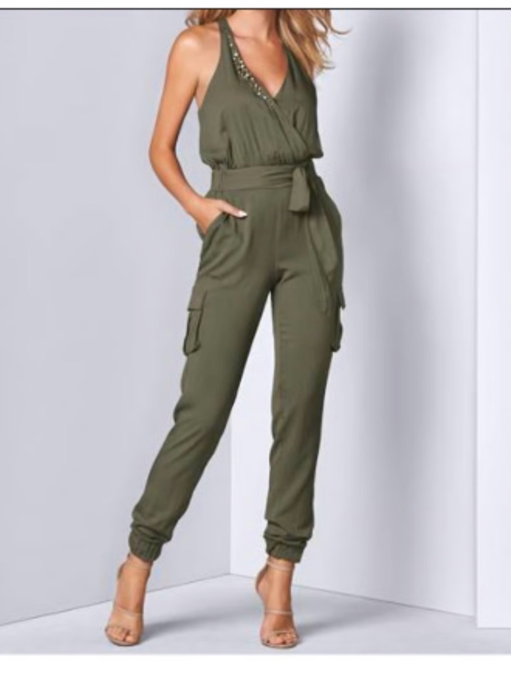 Olive Green Halter Tie-Waist Jumpsuit NWOT - Sz. M
